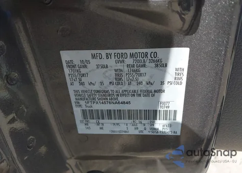 2006 Ford F-150 z USA, uszkodzony, nr VIN 1FTPX14576NA64845